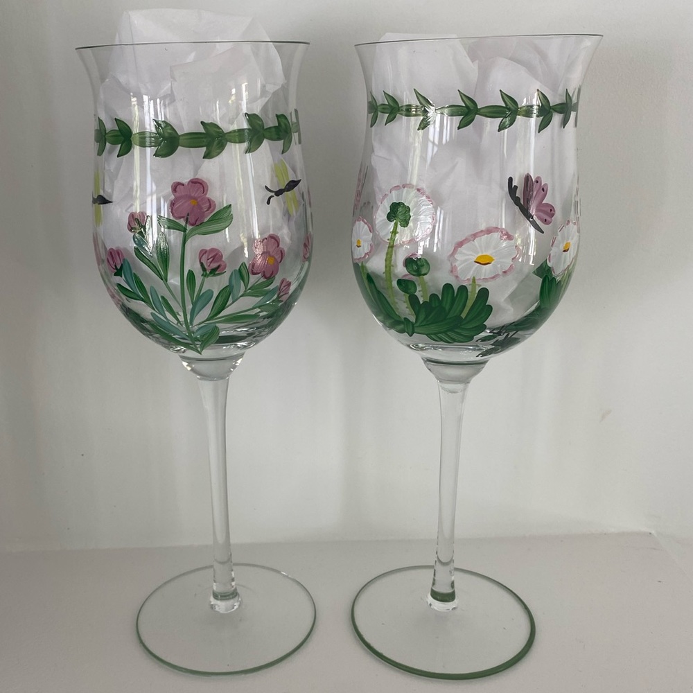 Pair of Hand Painted Wine Glasses 9” H